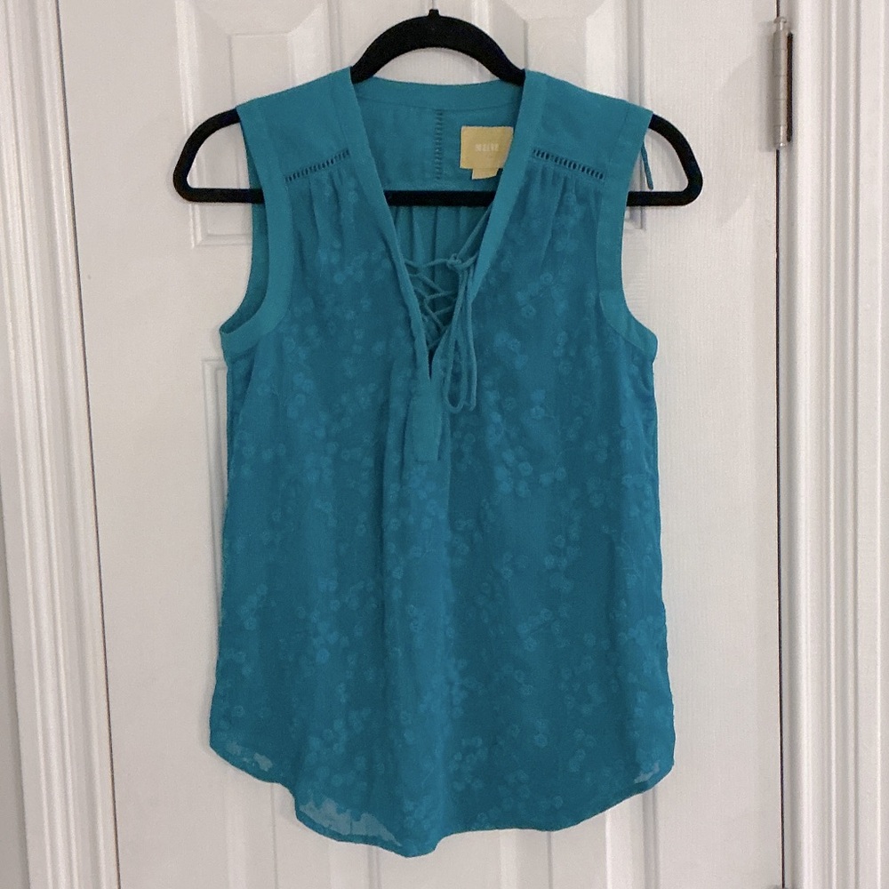 Anthropologie Maeve Teal Lace-Up Embroidered Top